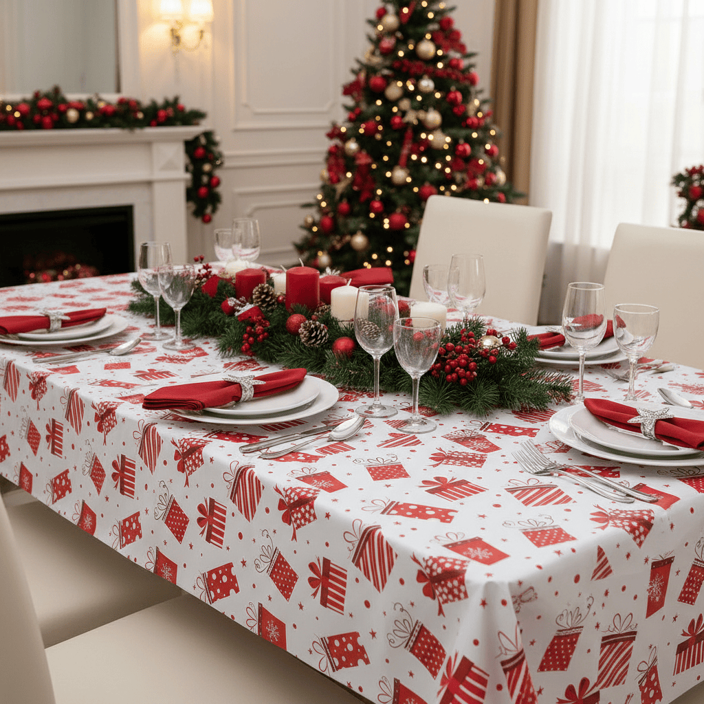 Dining table set for Christmas with a red and white tablecloth, candles, and decorative items.