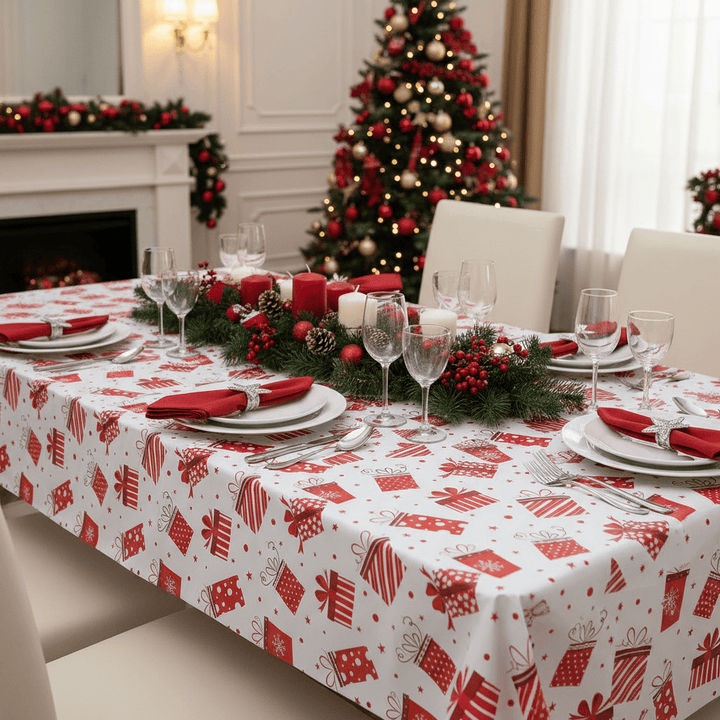 Dining table set for Christmas with a red and white tablecloth, candles, and decorative items.
