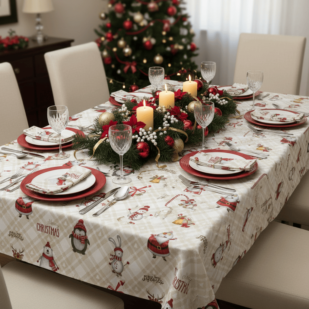 Dining table set for Christmas with a festive tablecloth, decorations, and candles.