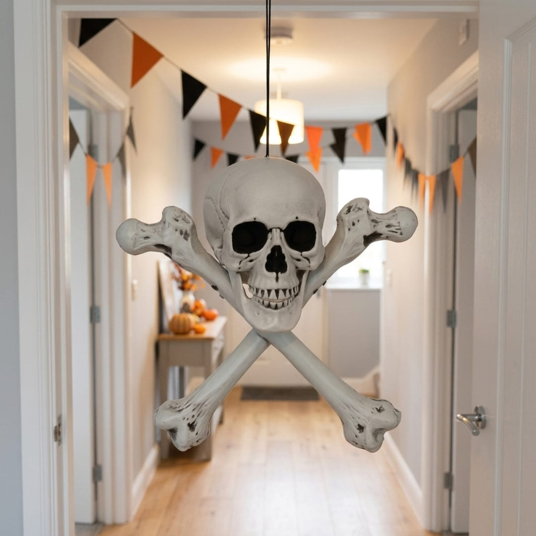 A large decorative skull and crossbones hanging from a black cord in the center of a hallway, with orange and black bunting banners strung across the corridor.