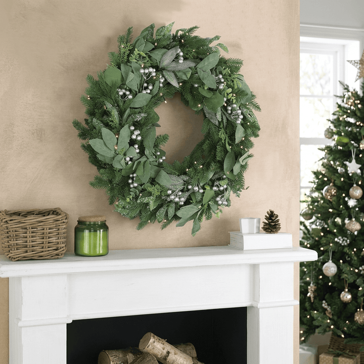 Light Up Christmas Wreath Silver Berries Frosted Foliage Green Mixed Leaves