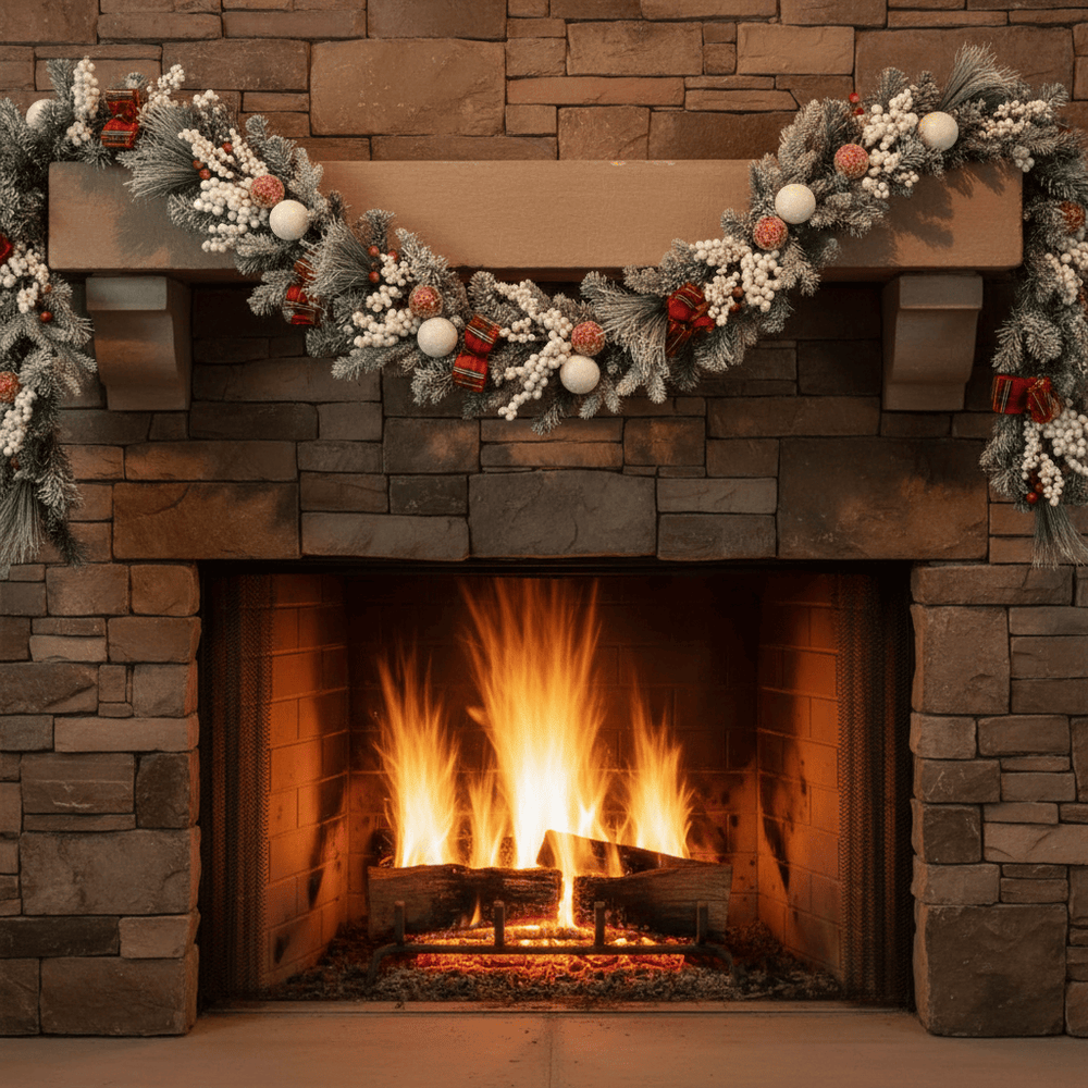 Stone fireplace with a roaring fire and festive garland on a stone wall.