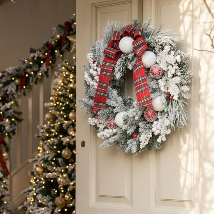 Christmas Wreath Red White Baubles Berries Tartan Snow 60cm