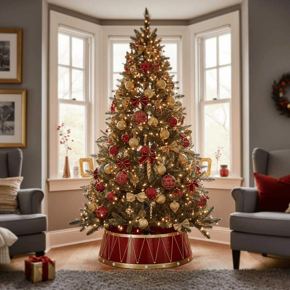 Decorated Christmas tree in a living room with festive decorations.