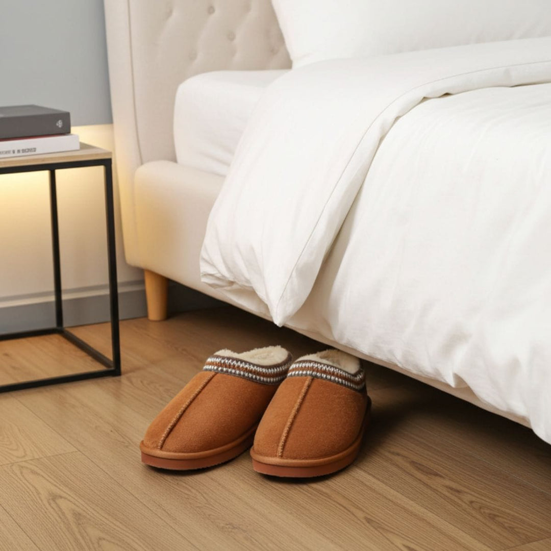 Mens Luxe Plush Lined Mule Slippers Firm Sole Microsuede Tan