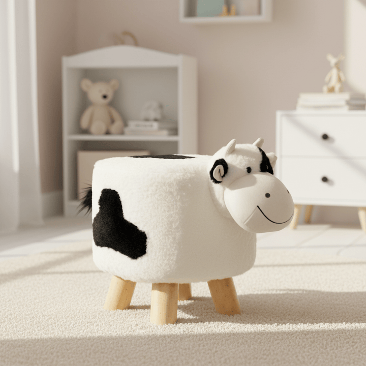 Cow-shaped ottoman in a room with shelves and toys.