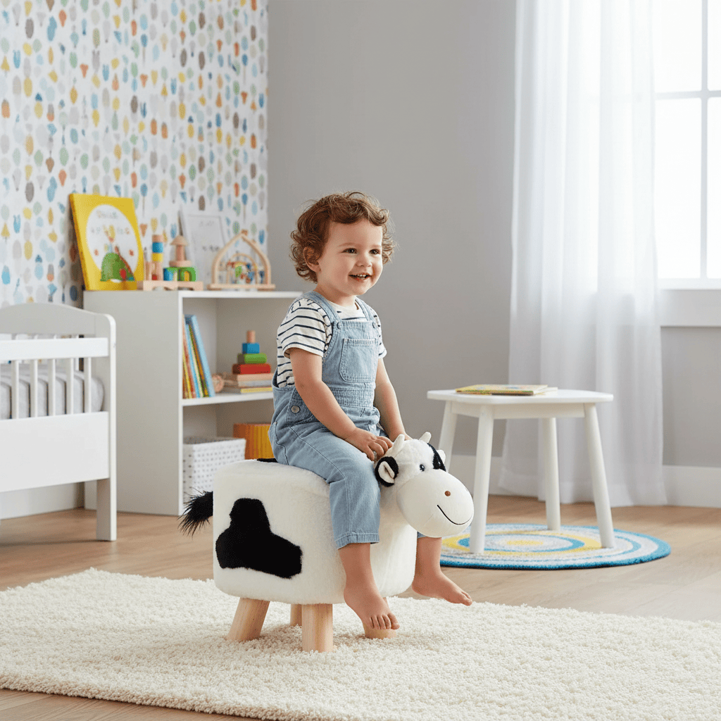 Child sitting on a toy cow in a nursery room