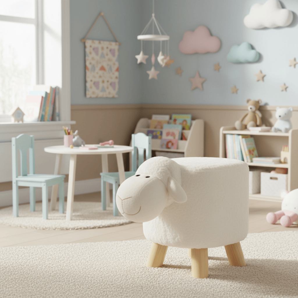 Children's playroom with a sheep-shaped ottoman, table, chairs, and toys.