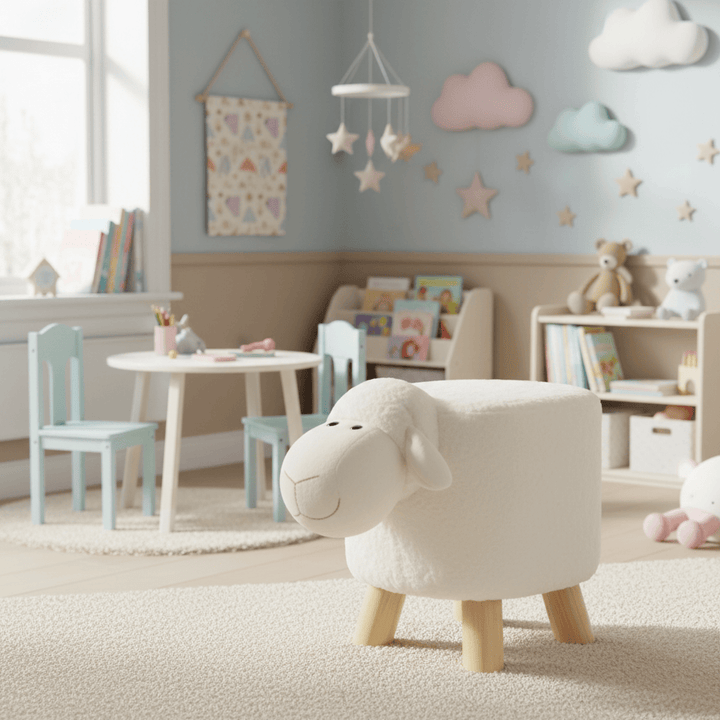 Children's playroom with a sheep-shaped ottoman, table, chairs, and toys.