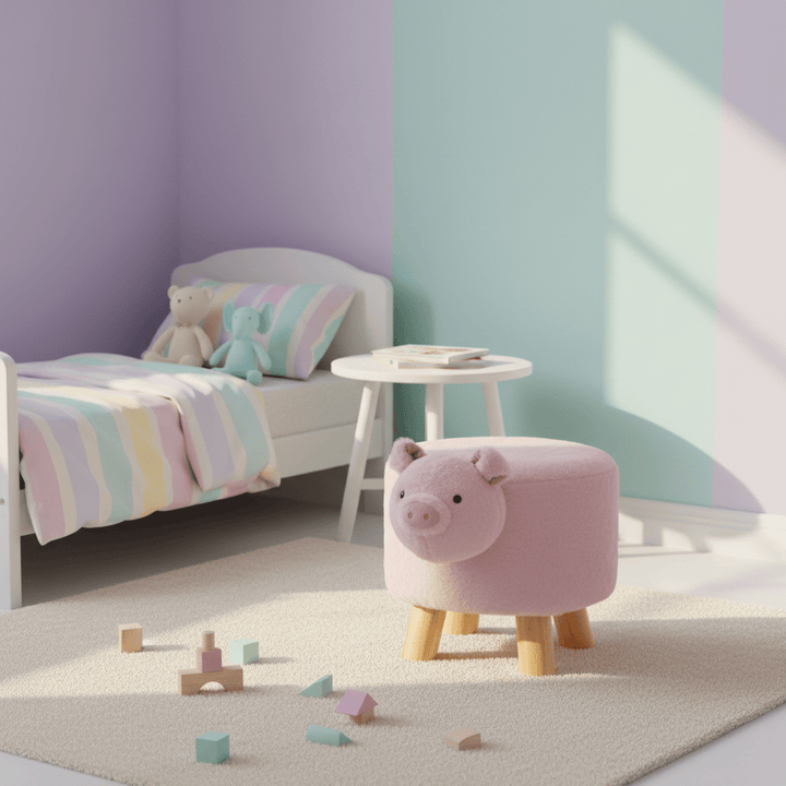 Children's room with a pink pig-shaped ottoman, bed, and toys.