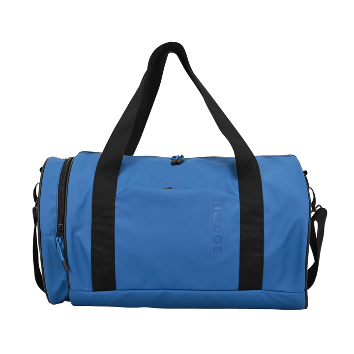 front view of hodge and hodge duffleback with 2 carry handles and branded rubber zippers