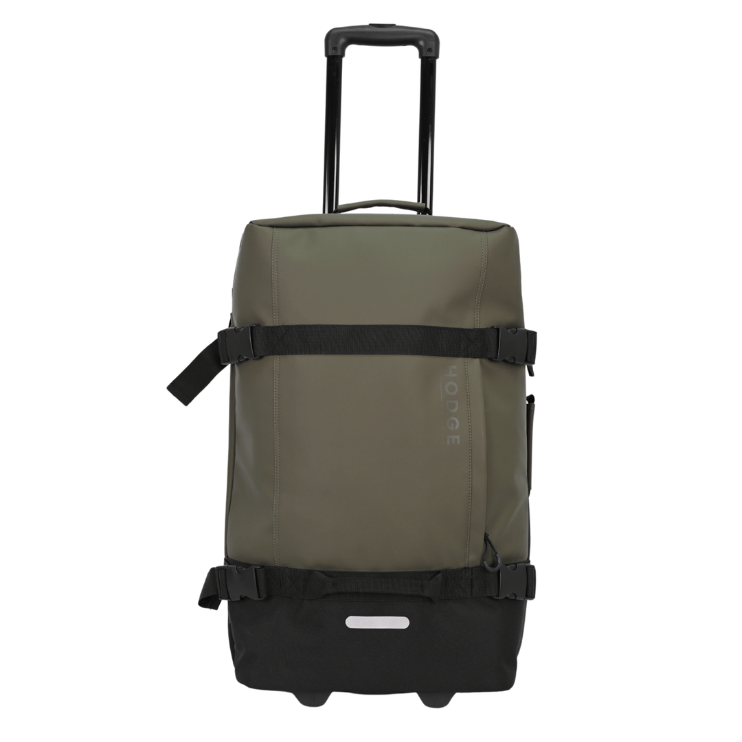 front view of large hodge and hodge suitcase with telescopic handle, security buckles and reflective details.