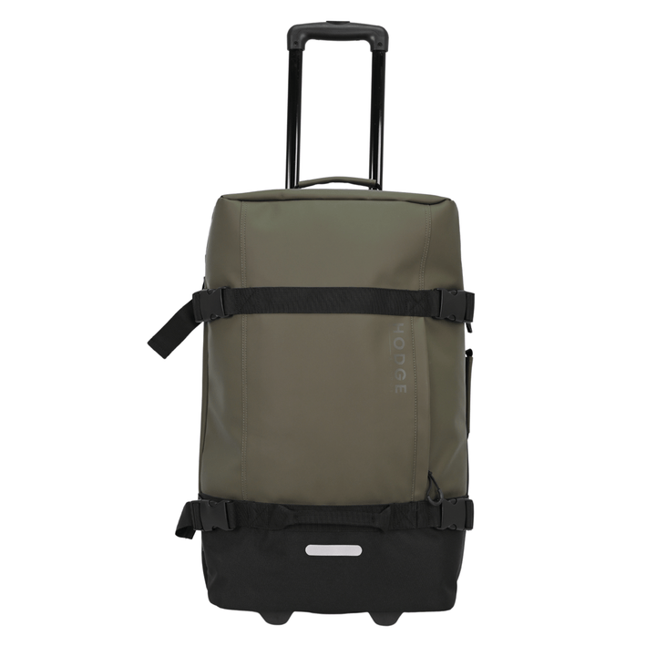 front view of large hodge and hodge suitcase with telescopic handle, security buckles and reflective details.
