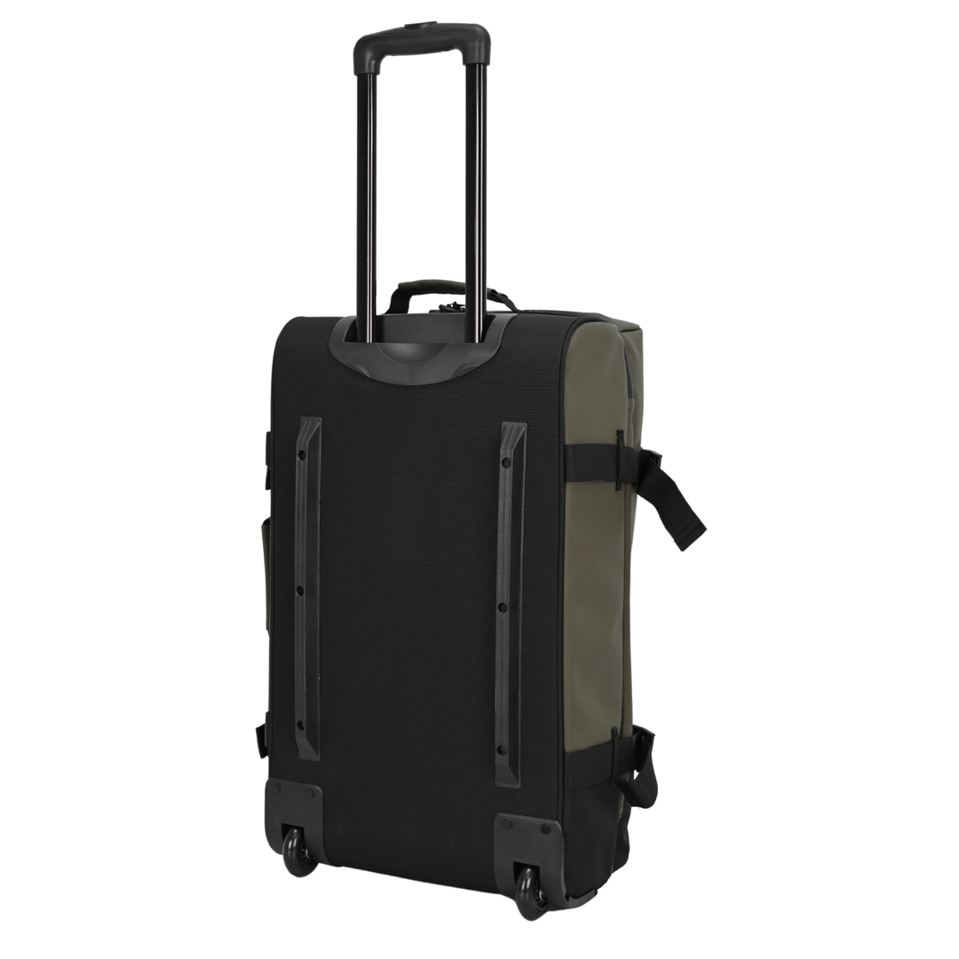 back view of large suitcase with plastic feet for stability