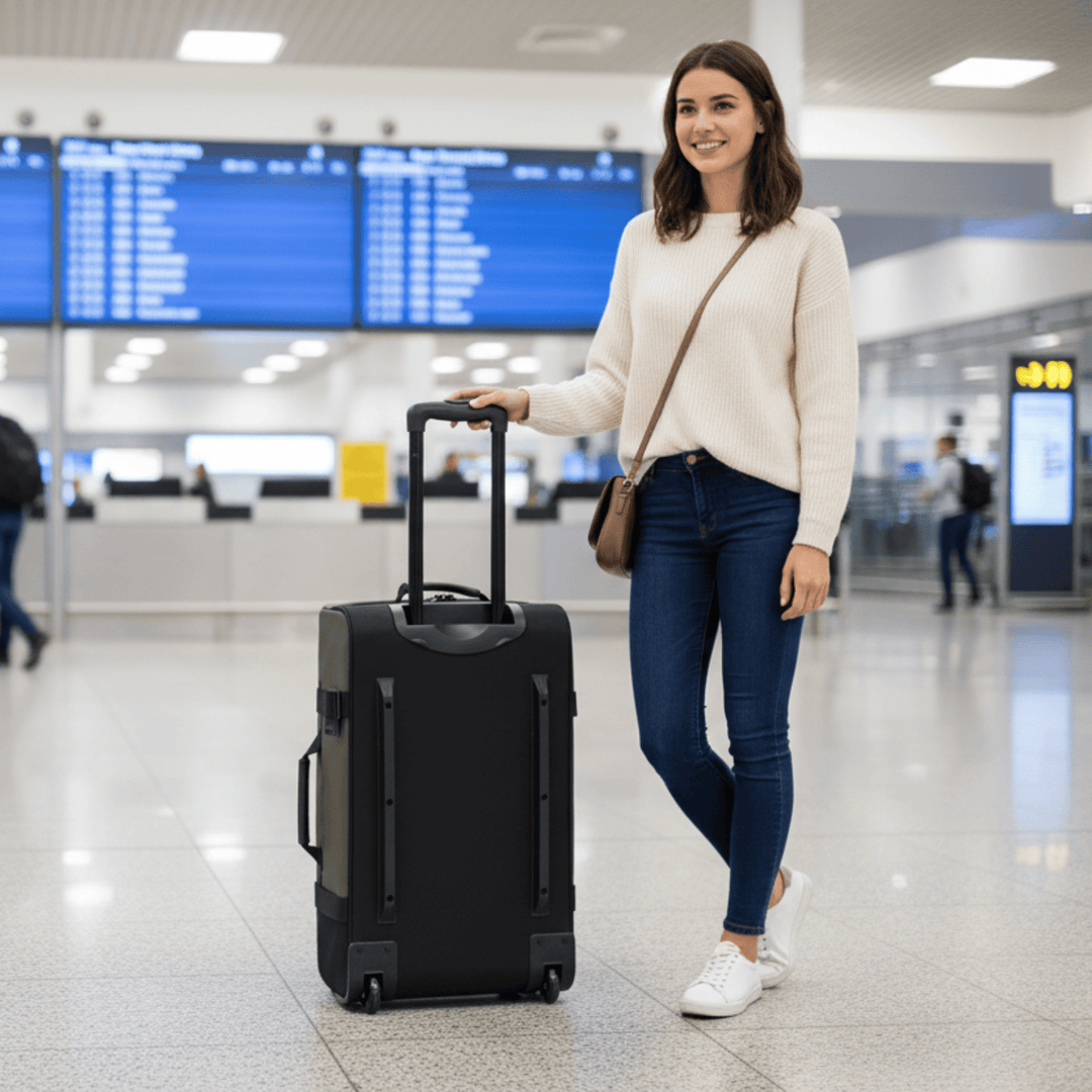 Woman with a suitcase in an airport terminal