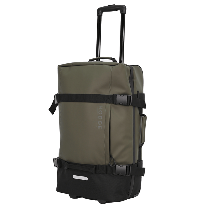side view of medium hodge and hodge suitcase with telescopic handle, security buckles and reflective details.