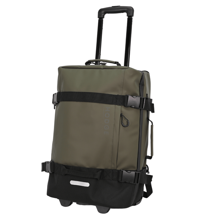 side view of small hodge and hodge suitcase with telescopic handle, security buckles and reflective details.