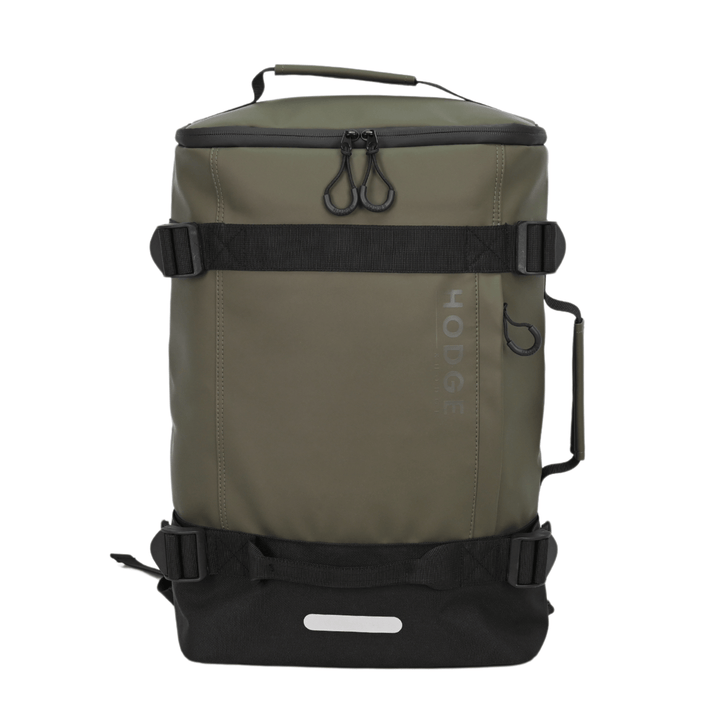 front view of hodge and hodge backpack with side carry handle rounded rubber zip pulls and stylish security buckles