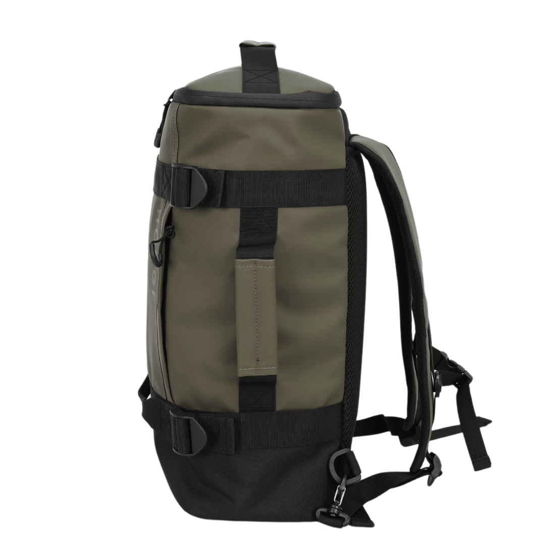 side view of backpack with additional carry handle