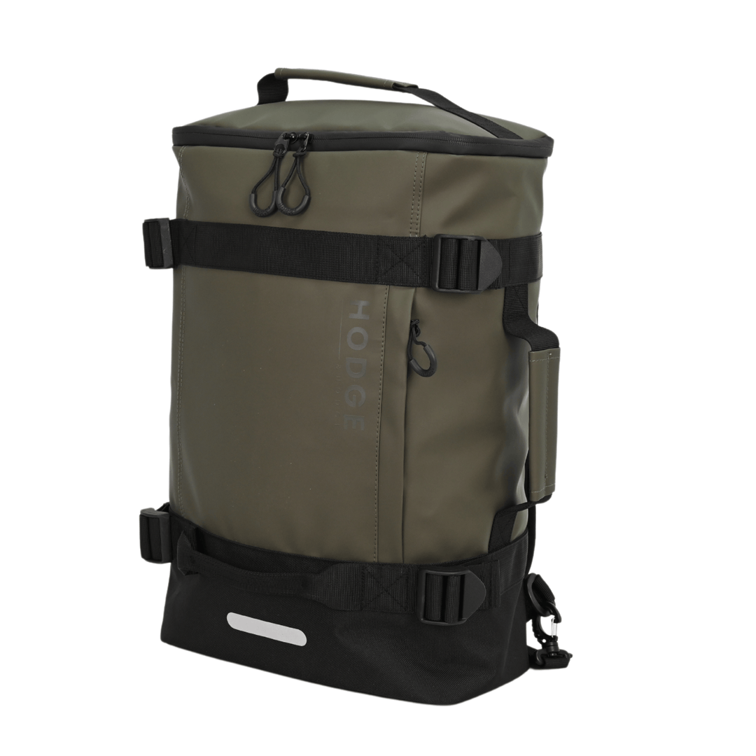 front view of backpack with black buckles, reflective details and carry handle to the top and side