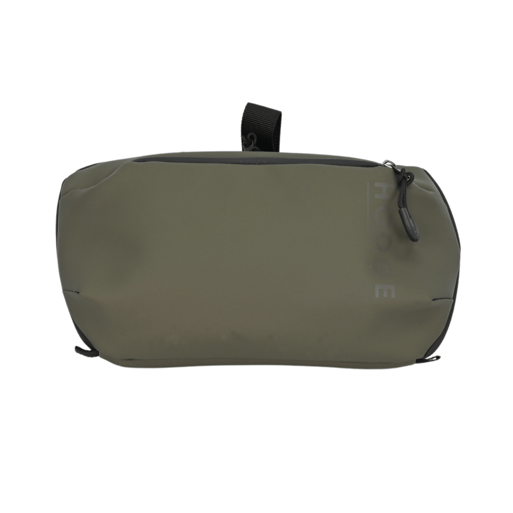 front view of hodge and hodge travel wash bag with front pocket and one main compartment, black hanging loop to the back