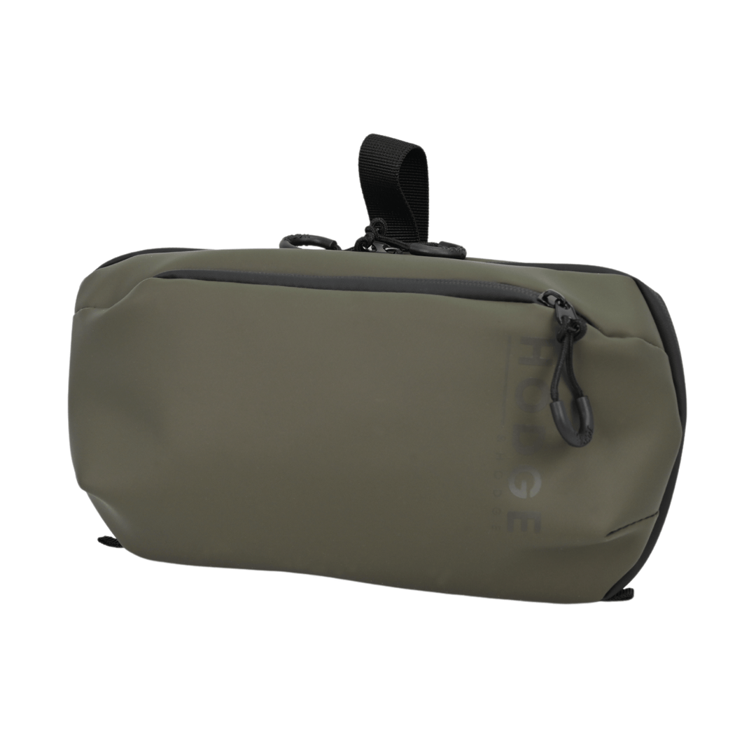 front view of wash bag in olive green colour with rounded zip pulls and carry strap