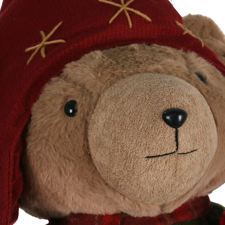 Close-up of a teddy bear wearing a red hat with star patterns on a white background