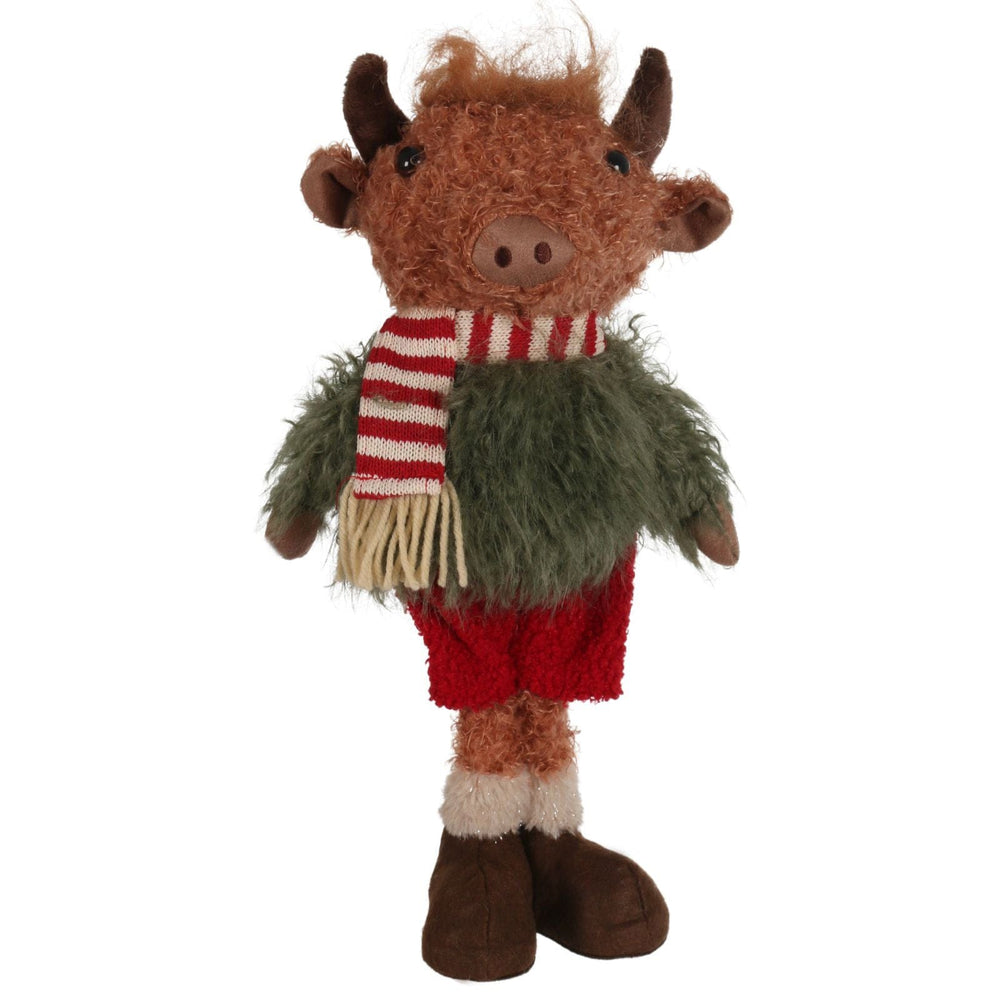 highland cow figure wearing green jumper and red and white striped scarf with plush horns