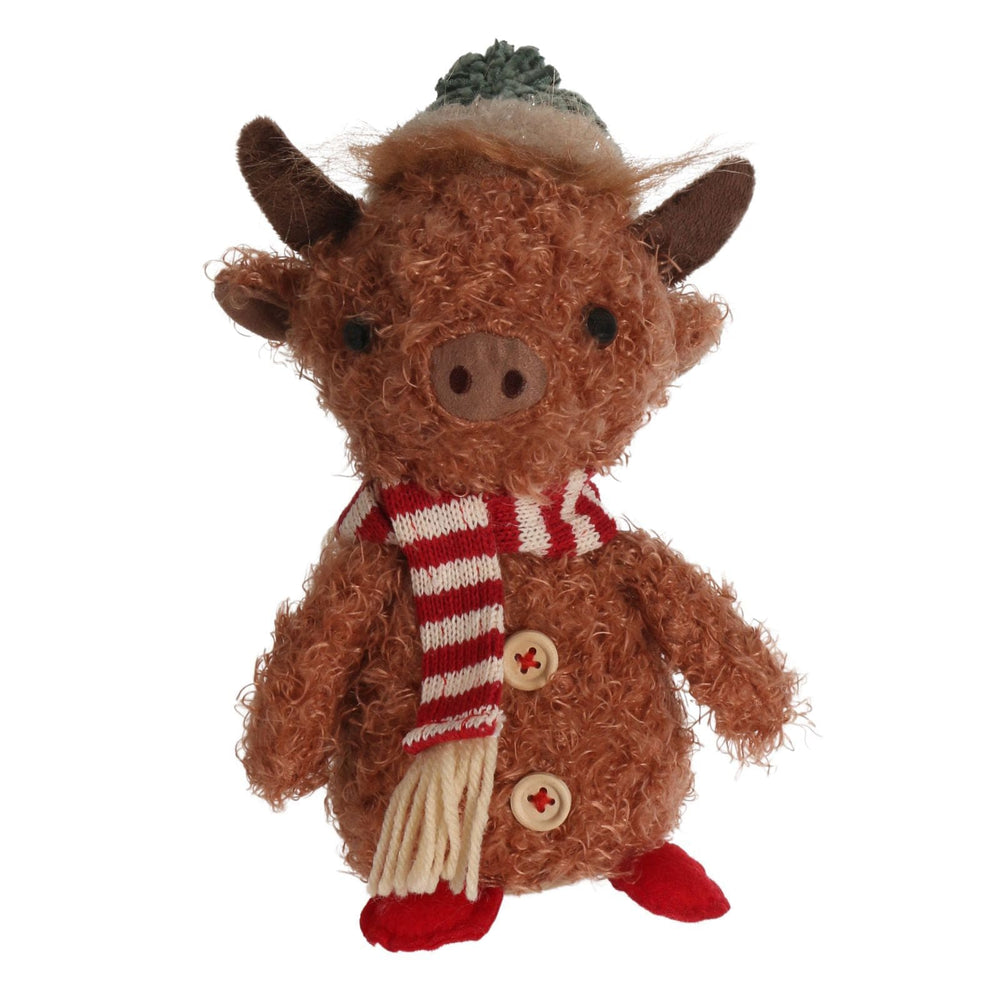 standing highland cow figure wearing chenille beanie hat with glitter