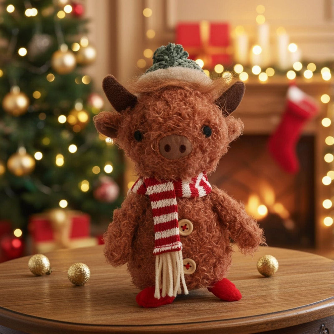 Plush toy cow with a hat and scarf in front of a Christmas tree and fireplace.