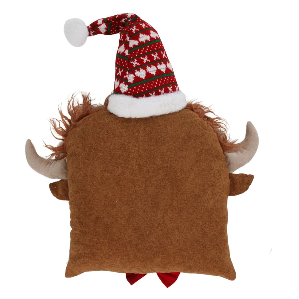 back view of plush cushion with highland cow horns and red santa hat