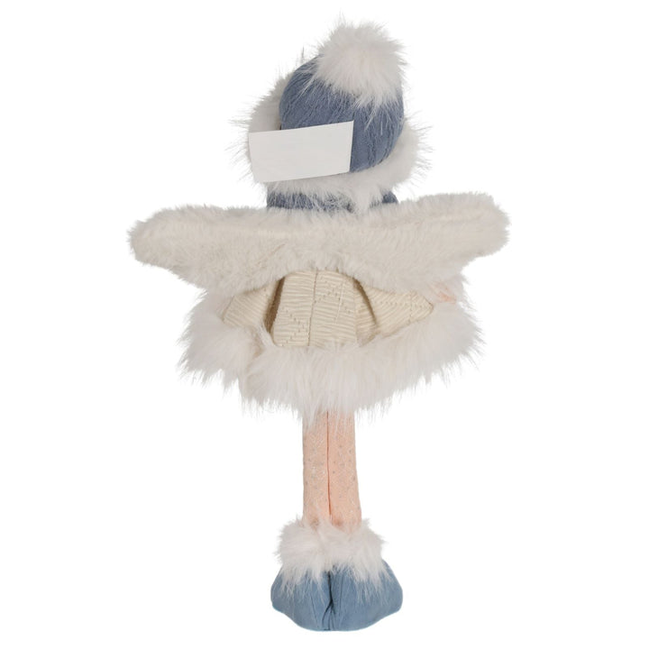 Stuffed angel back view with white fur, blue accents, and a bow on a white background