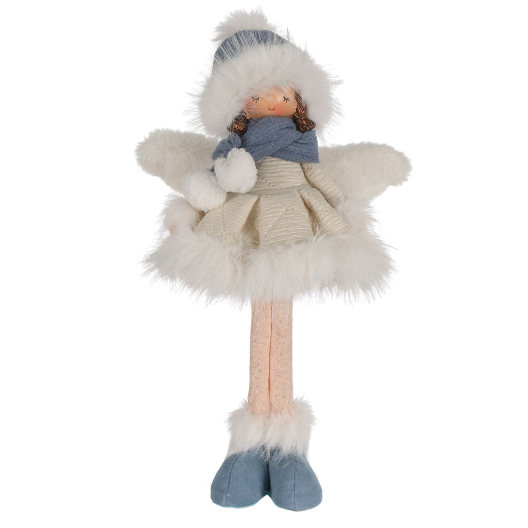 Stuffed angel doll with white fur, blue scarf, and shoes on a white background