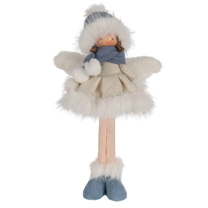 Stuffed angel doll with white fur, blue scarf, and shoes on a white background