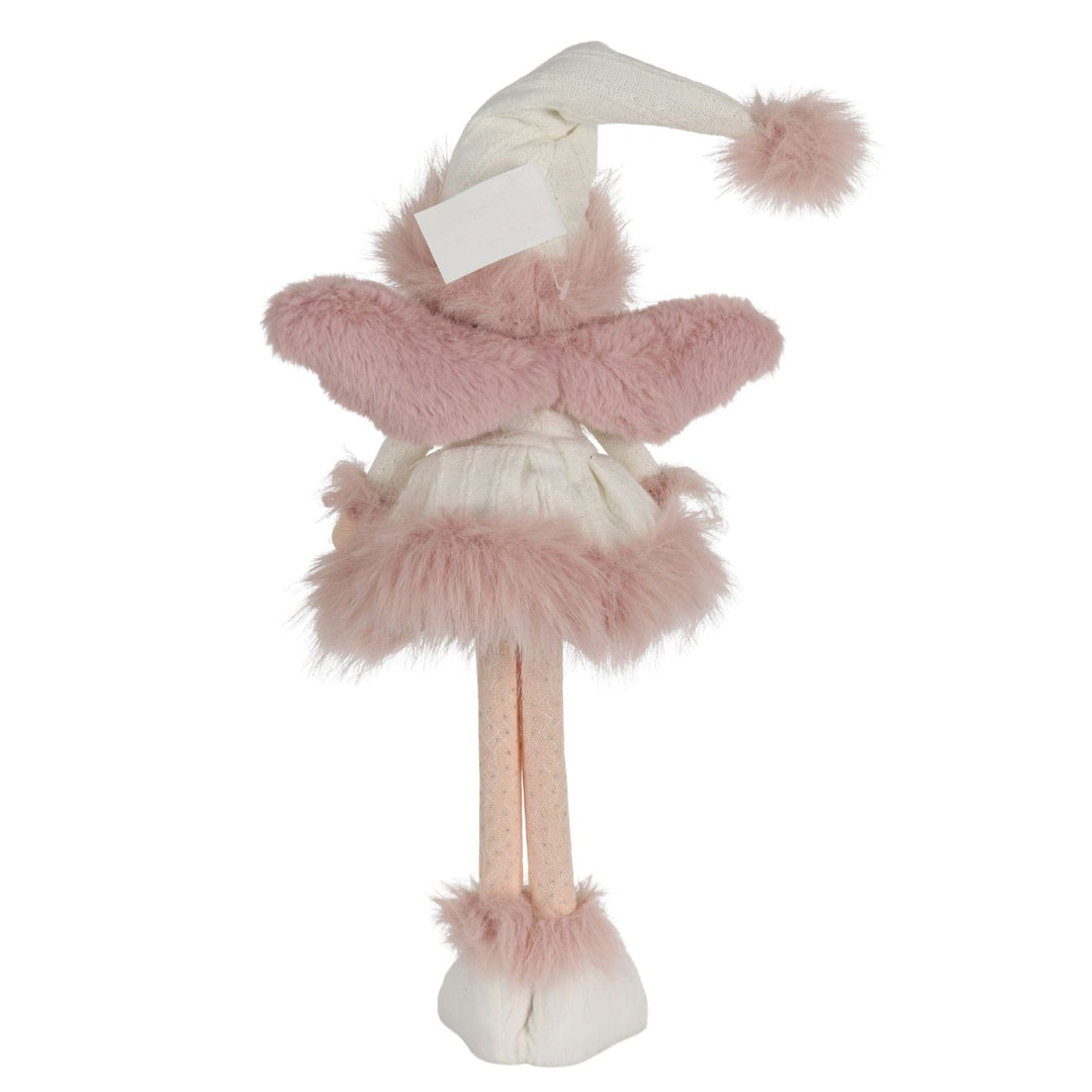 Decorative angel figurine with pink fur and white hat on a white background