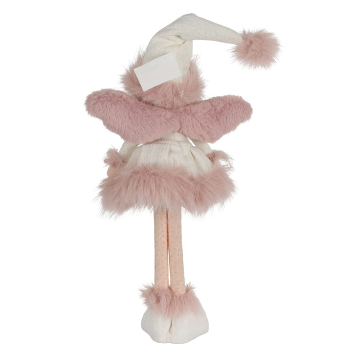 Decorative angel figurine with pink fur and white hat on a white background