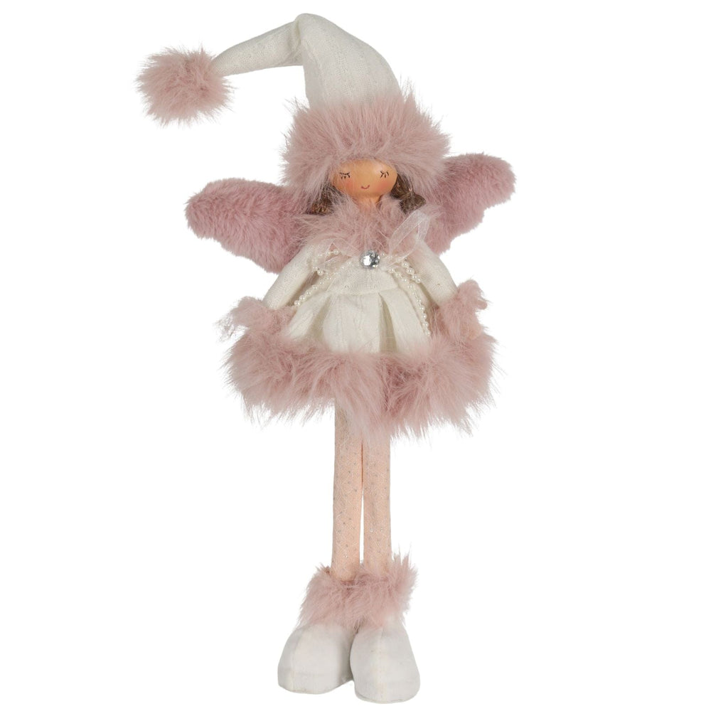 Stuffed angel with pink fur and white dress on a white background