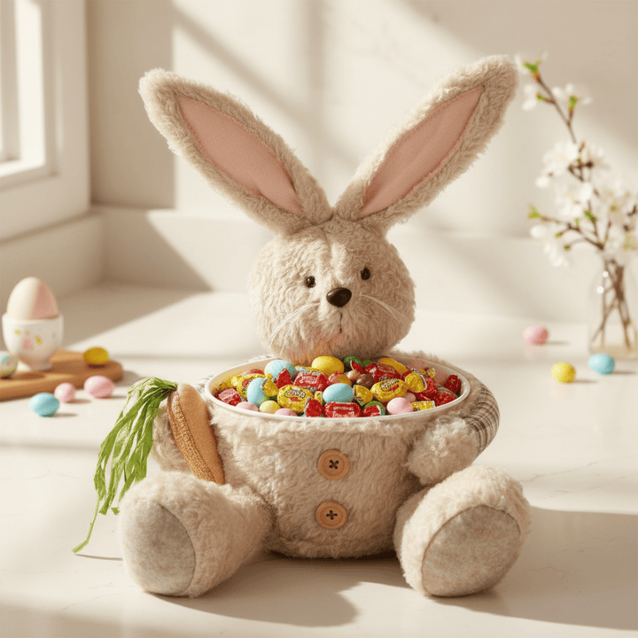 Stuffed bunny toy with a bowl of colourful candies on a light background
