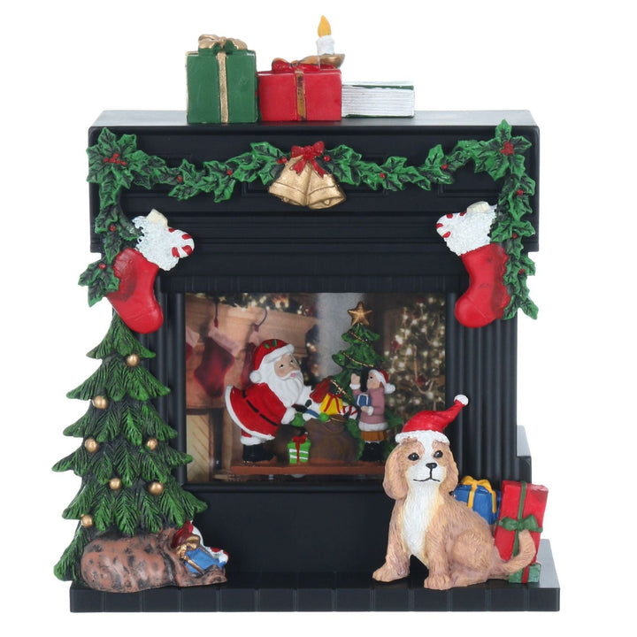 Decorative Christmas scene turned off with a fireplace, Santa Claus, dogs, and presents on a white background.