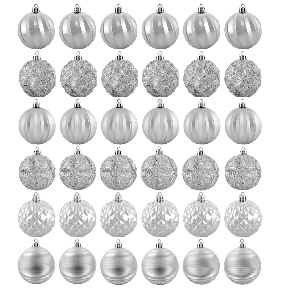Set of thirty six silver Christmas tree baubles in various designs