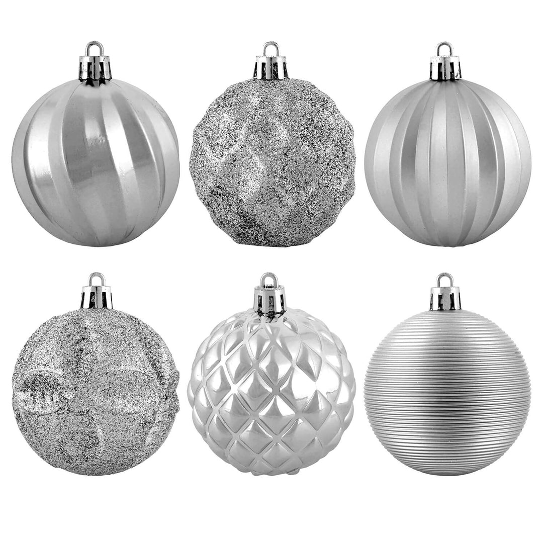 six various design silver Christmas tree baubles