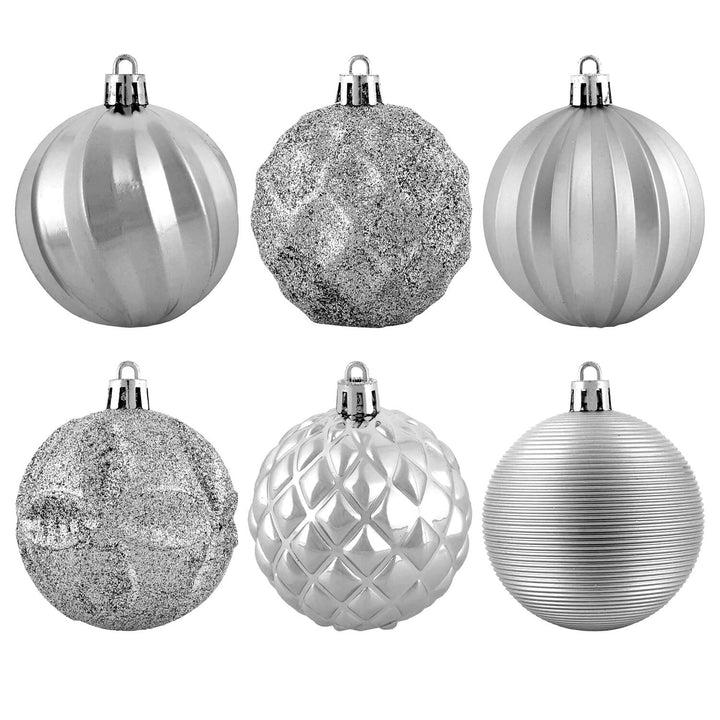 six various design silver Christmas tree baubles