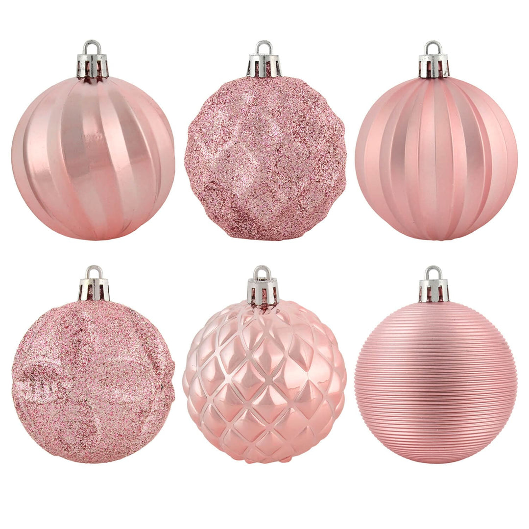 six different pink Christmas tree baubles