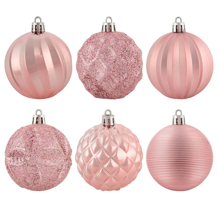 six different pink Christmas tree baubles