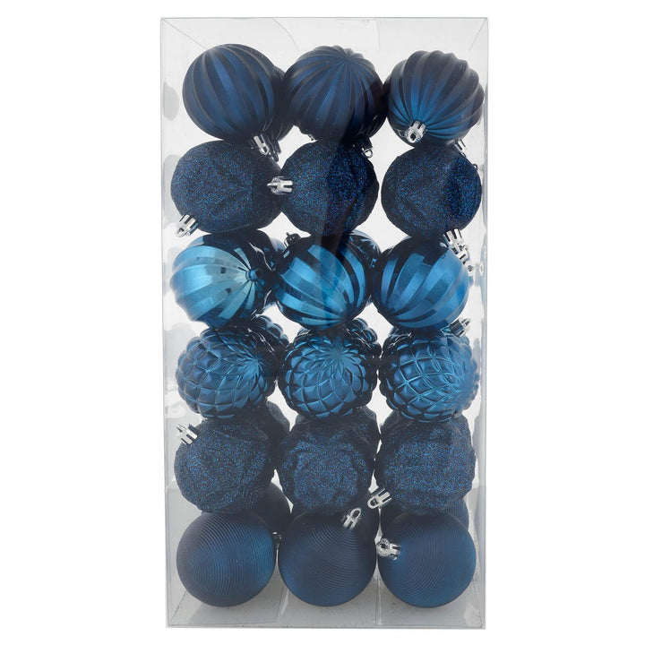 Pack of blue Christmas ornaments in clear packaging on a white background