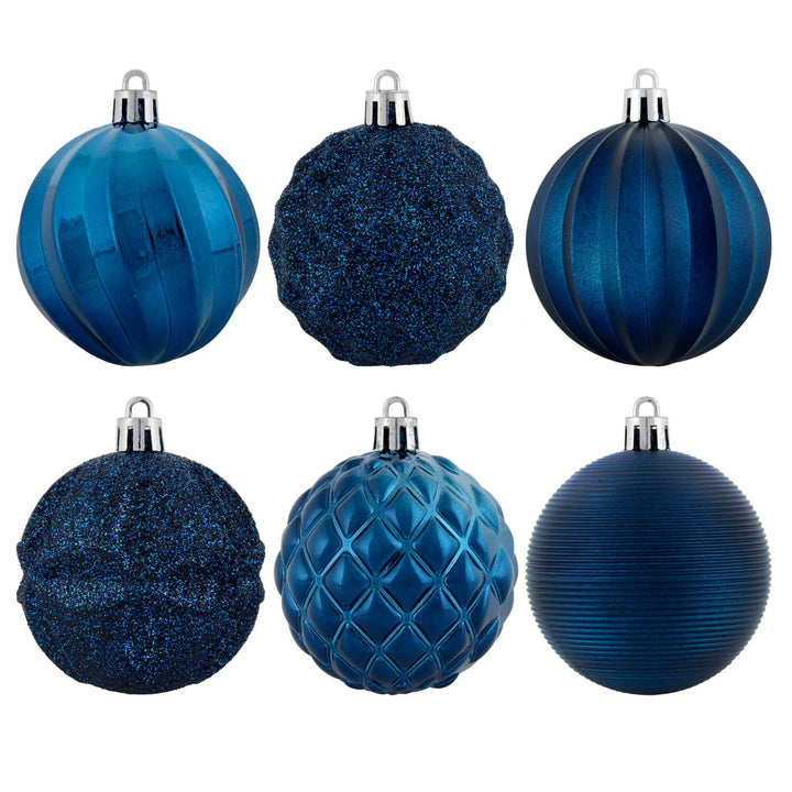 six navy blue Christmas baubles in assorted designs