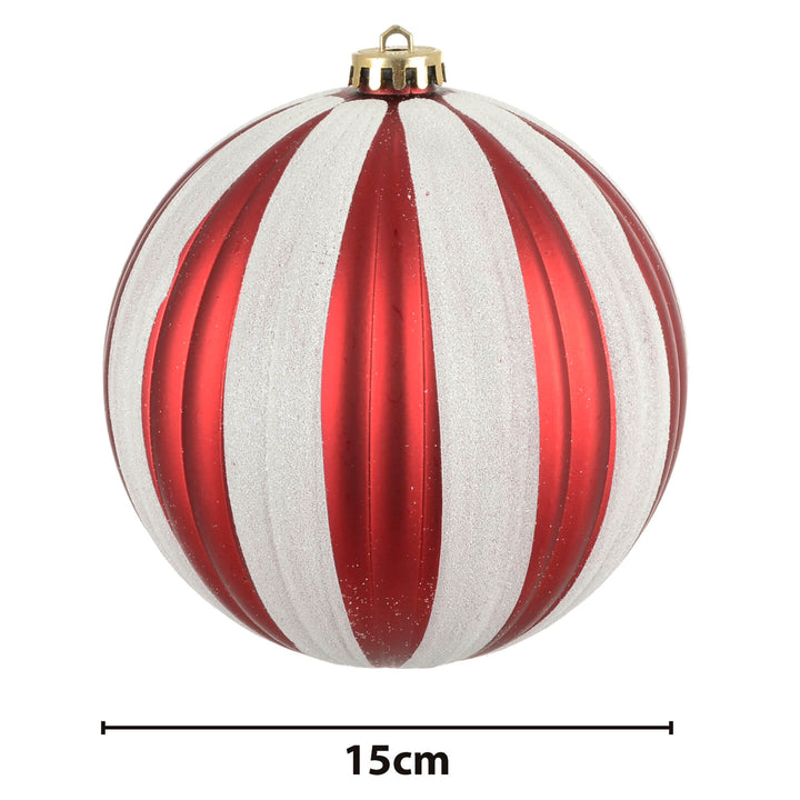 Red and white striped extra large Christmas bauble with gold cap, labeled 15cm.