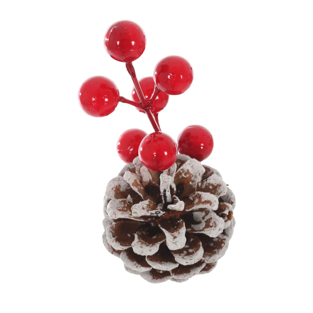 close up of pine cone with snow covering and red berry cluster