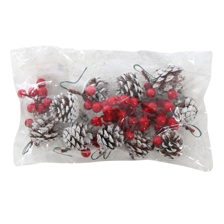 pack of 10 decorative pine cones with red berry clusters on white background