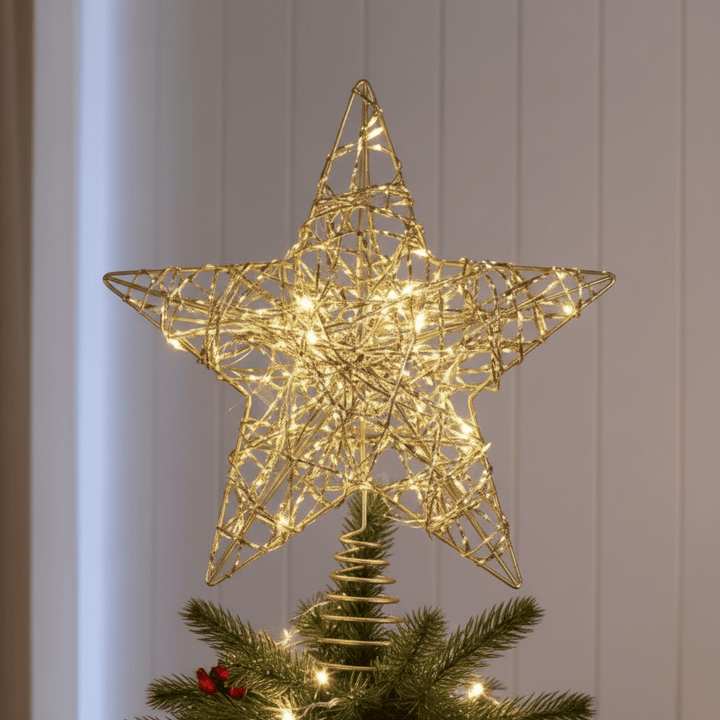 Mr Crimbo Gold Metal Star Light Up Christmas Tree Topper Warm White